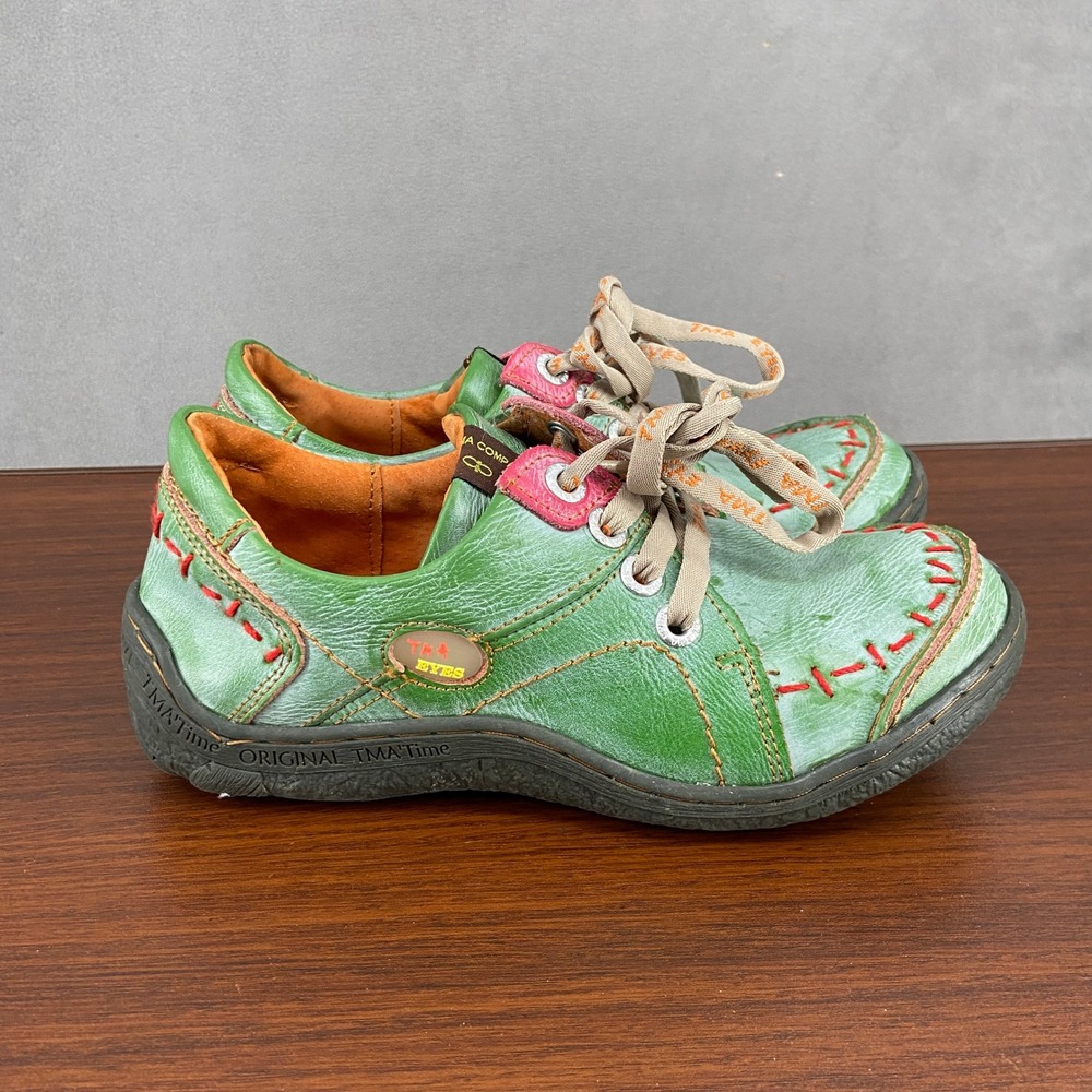 TMA Eyes Green Leather Whipstitch Lace Up Oxford Shoes Womens 7.5 EUR 38